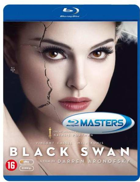 Affiche du film Black Swan. Visage de femme avec effet craquelé. Cadre bleu et texte.