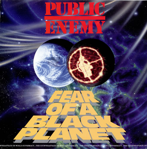 Public Enemy 'Fear of a Black Planet' album borító, két bolygóval és vastag betűkkel.