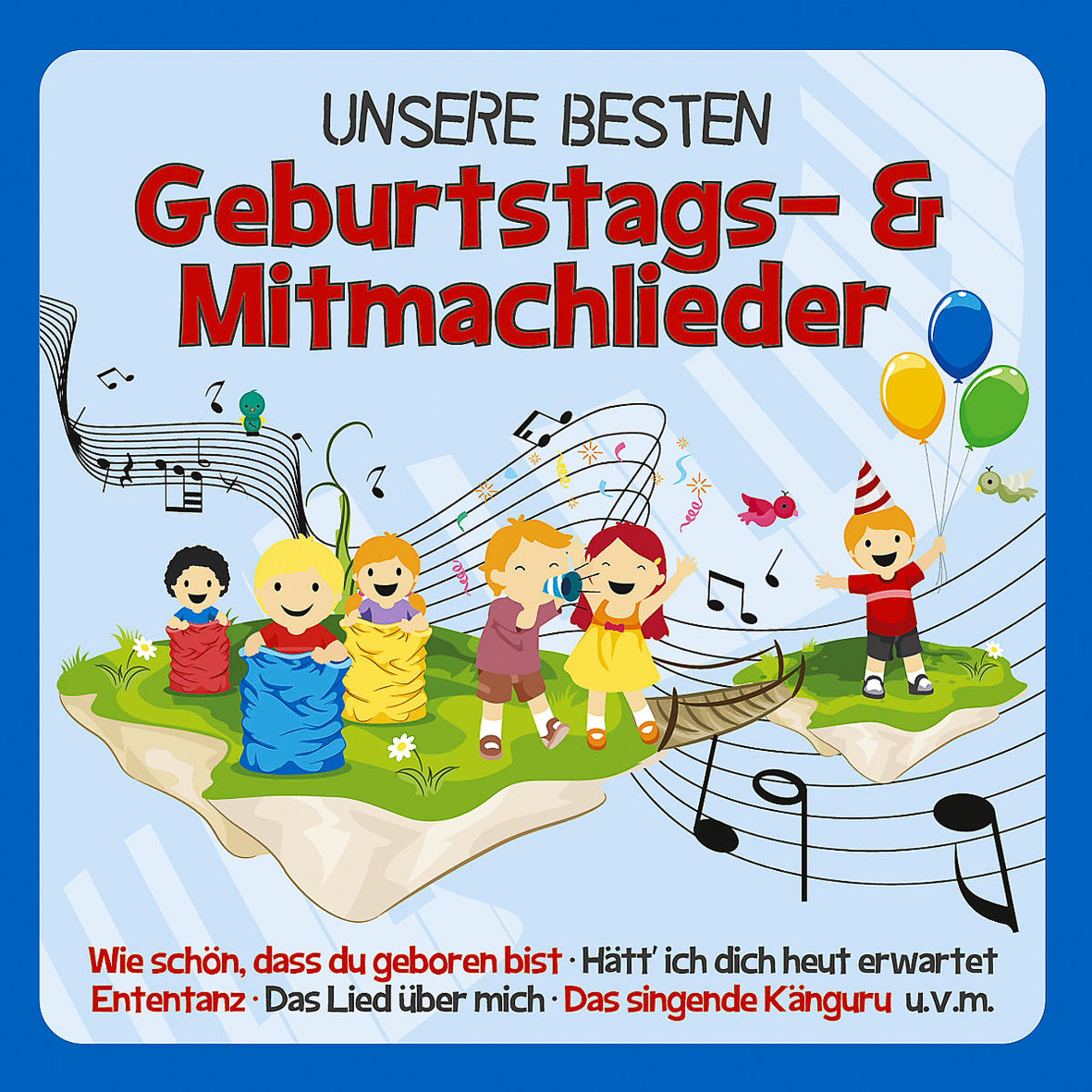 Illustration von Kindern, die einen Geburtstag feiern. Noten und Luftballons sind vorhanden.