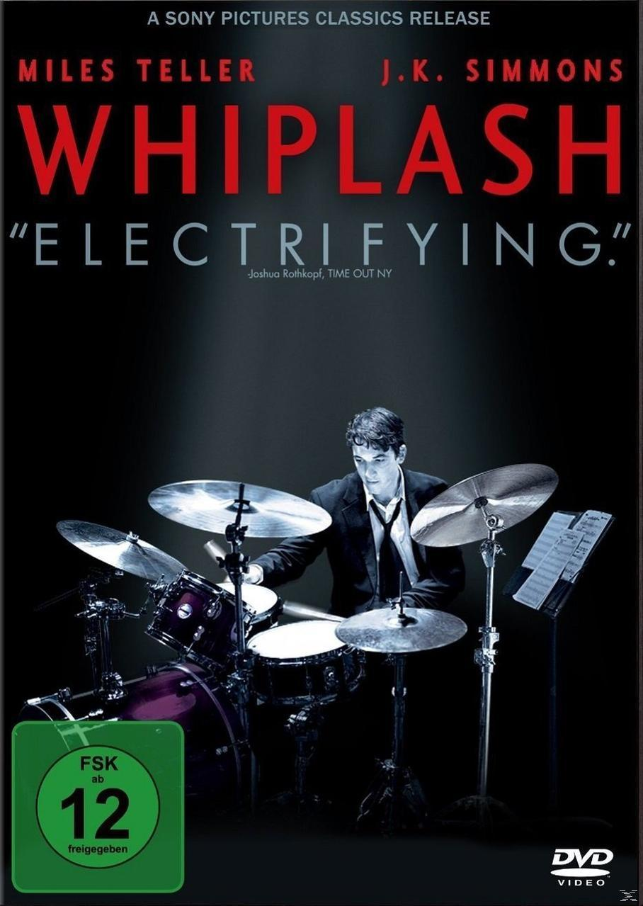 Filmplakat von Whiplash. Ein Schlagzeuger spielt Schlagzeug auf der Bühne. Roter Titel oben. Schwarzer Hintergrund.