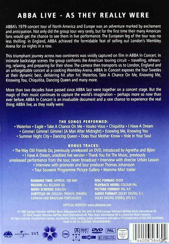 DVD-Cover von ABBA Live. Text über ihre Konzerttournee, gespielte Songs und Bonustracks.