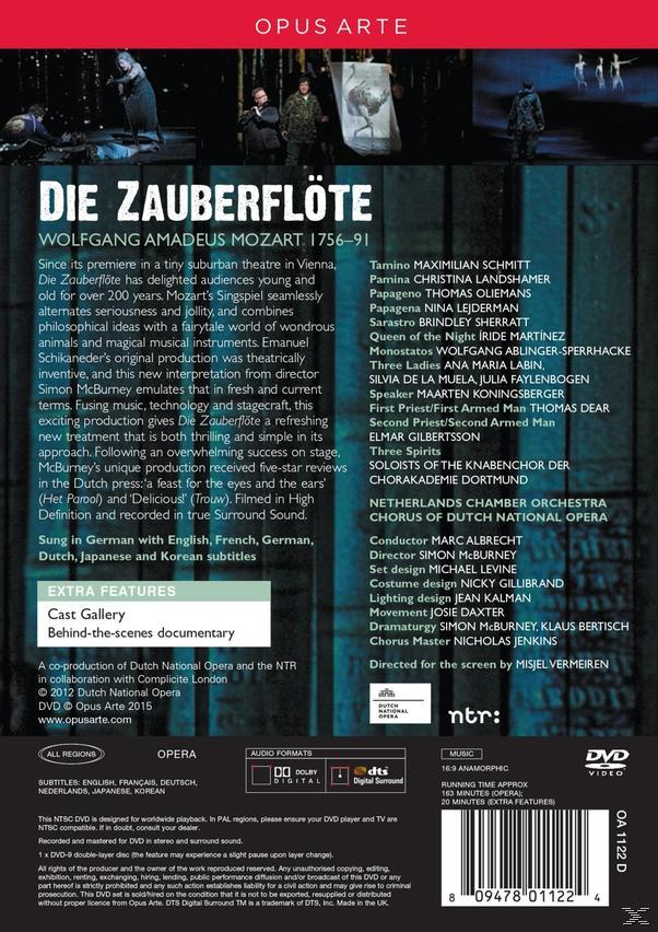 DVD-Cover: Deutscher Text auf blauem Hintergrund, eine Liste von Darstellern und Credits. Text: Die Zauberflöte.
