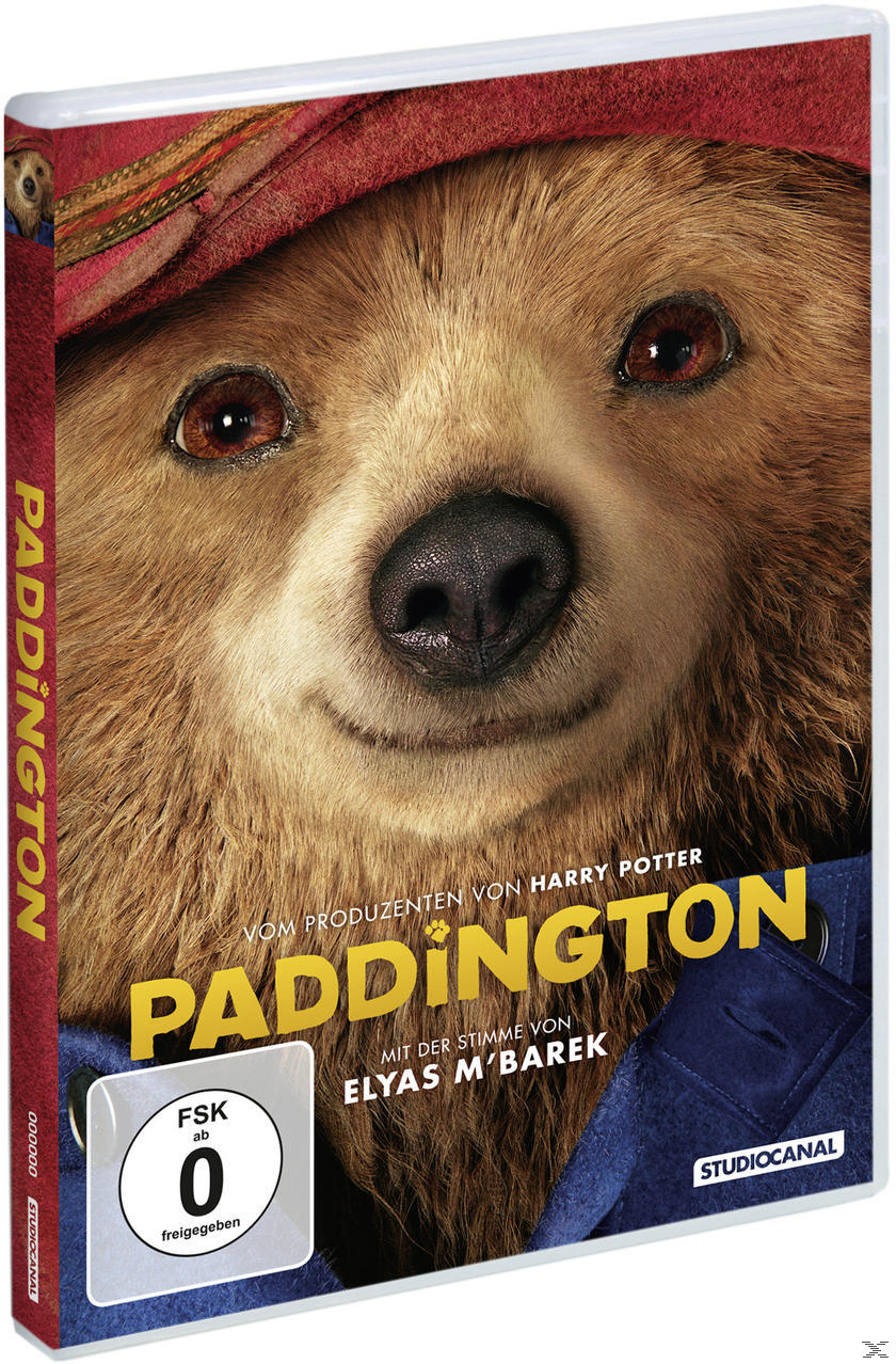 Paddington DVD-Cover. Gesicht des Paddington-Bären mit rotem Hut. Text und Logos auf dem roten Rücken.