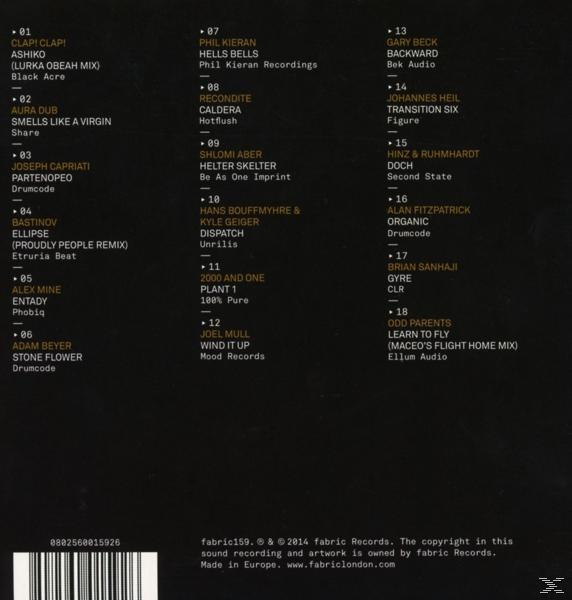 Achterkant van de cd met een lijst met nummers en credits, met een paars en zwart kleurenschema.