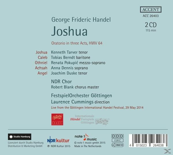 Rückseite eines CD-Covers. George Frideric Händel Joshua, musikalische Details, Namen und ein Logo.