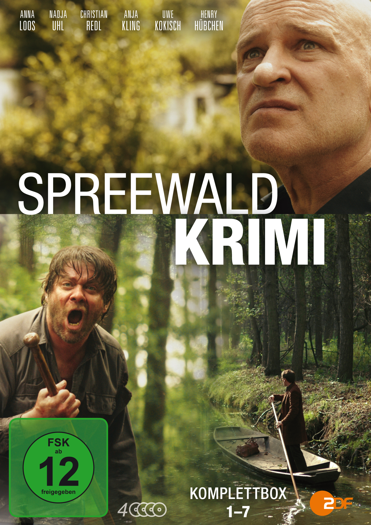 DVD-Cover: Männer im Wald und auf einem Boot, Titel: Spreewald Krimi.