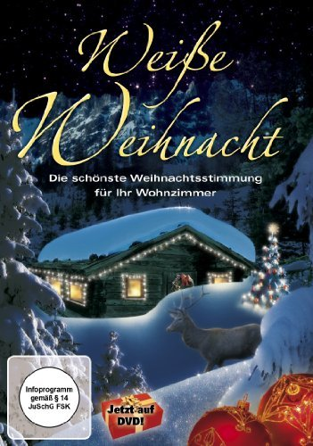 Eine verschneite Szene bei Nacht mit Haus, Weihnachtsbeleuchtung und Text.