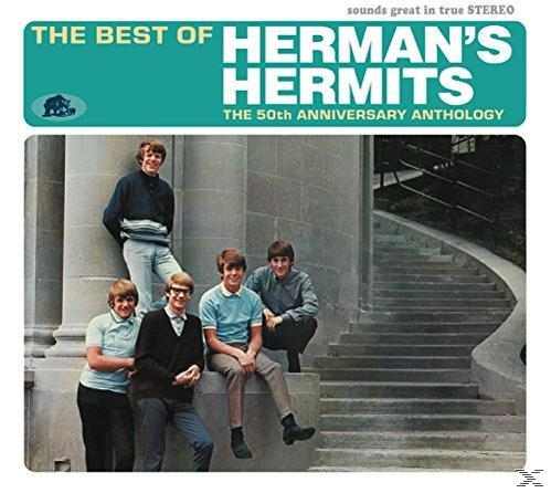 Albumcover von The Best of Herman's Hermits. Männergruppe posiert auf Treppen mit blauem Himmel.