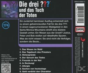 Rückseite eines Buches mit Text und dem Titel 'Die drei ??? und das Tuch der Toten'.