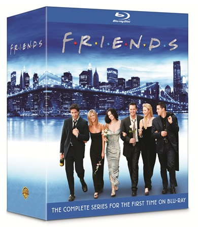 Blu-ray boxset van Friends. Zes acteurs voor een skyline.