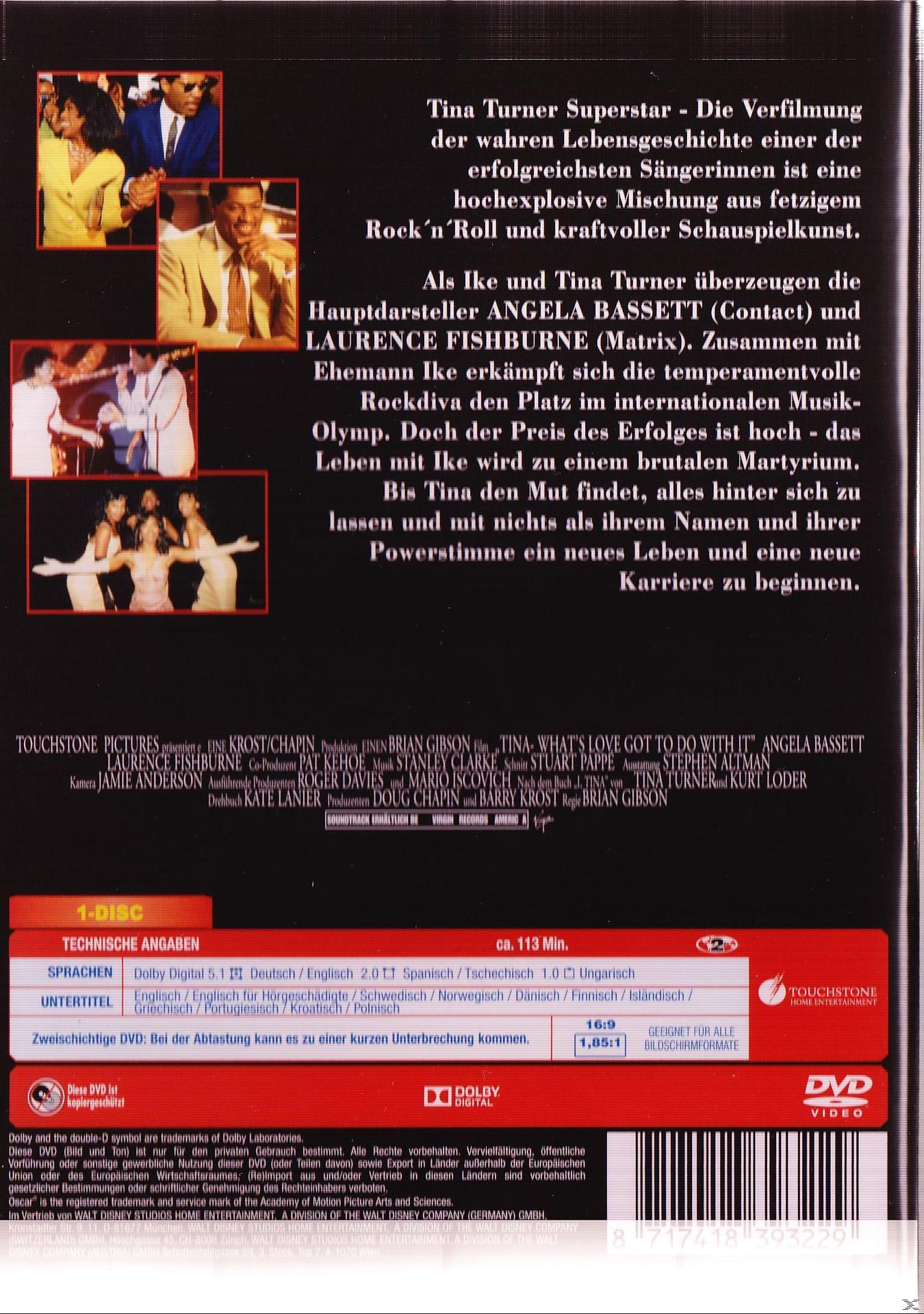 Die Rückseite einer DVD-Hülle mit dem Titel "What's Love Got to Do with It", mit den Filmdetails.