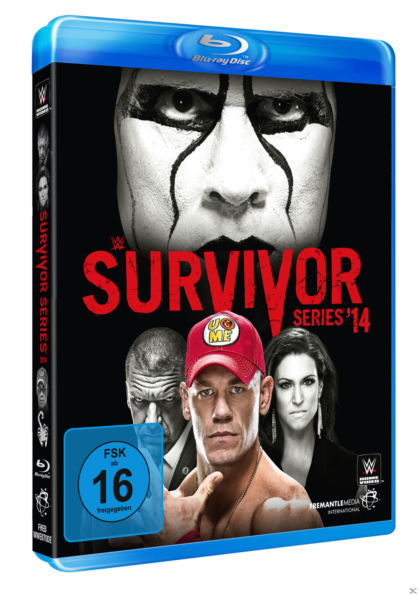 Blu-ray-Cover: 'WWE Survivor Series '14'. John Cena und andere sind vor schwarzem Hintergrund zu sehen.