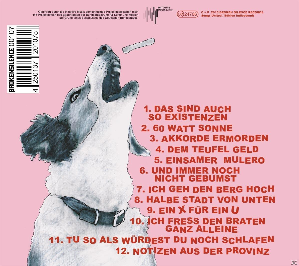 Albumcover mit heulendem Hund, pinkem Hintergrund und deutschen Songtiteln.