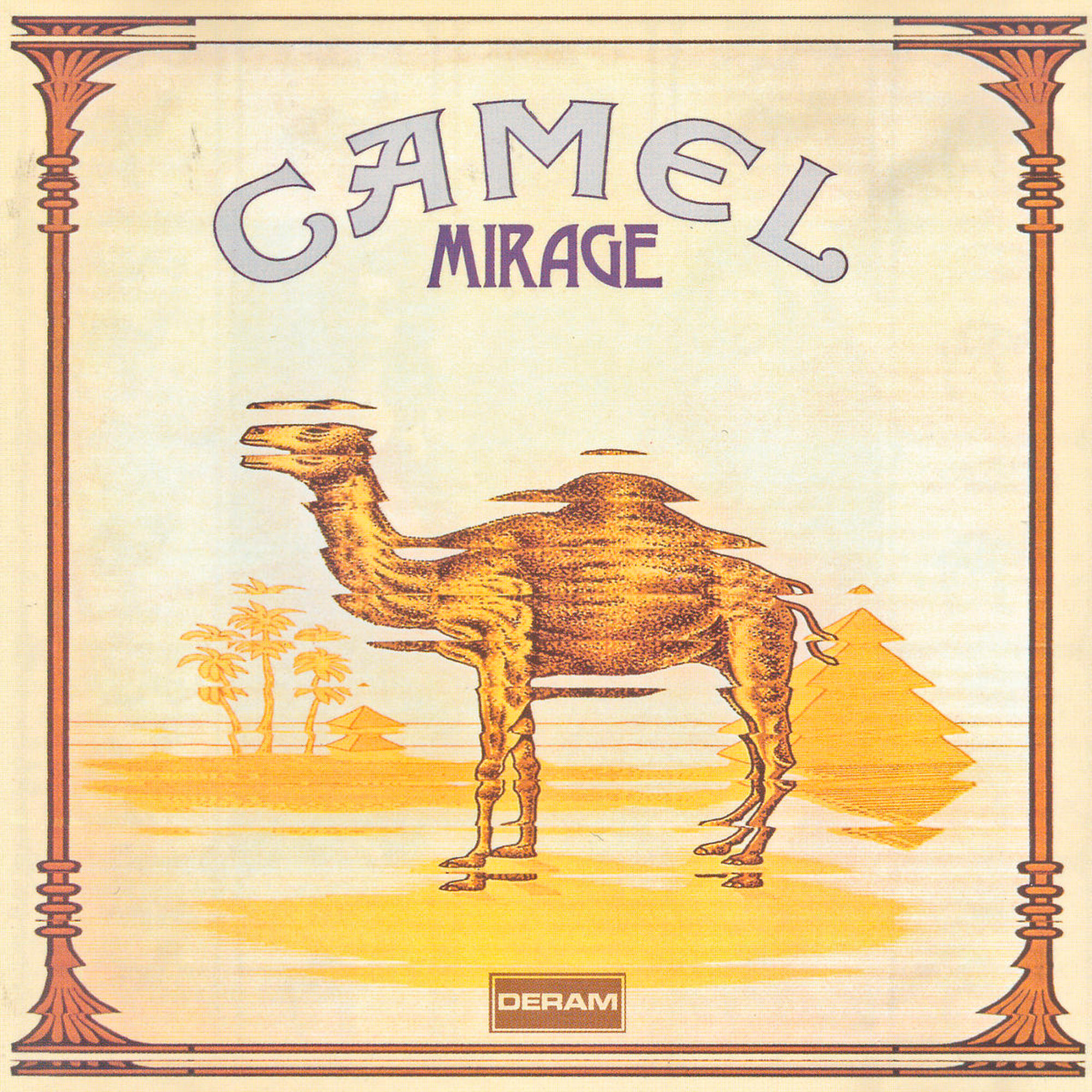 Albumcover von "Camel Mirage" mit einer Kamel-Illustration und Wüstenszene.