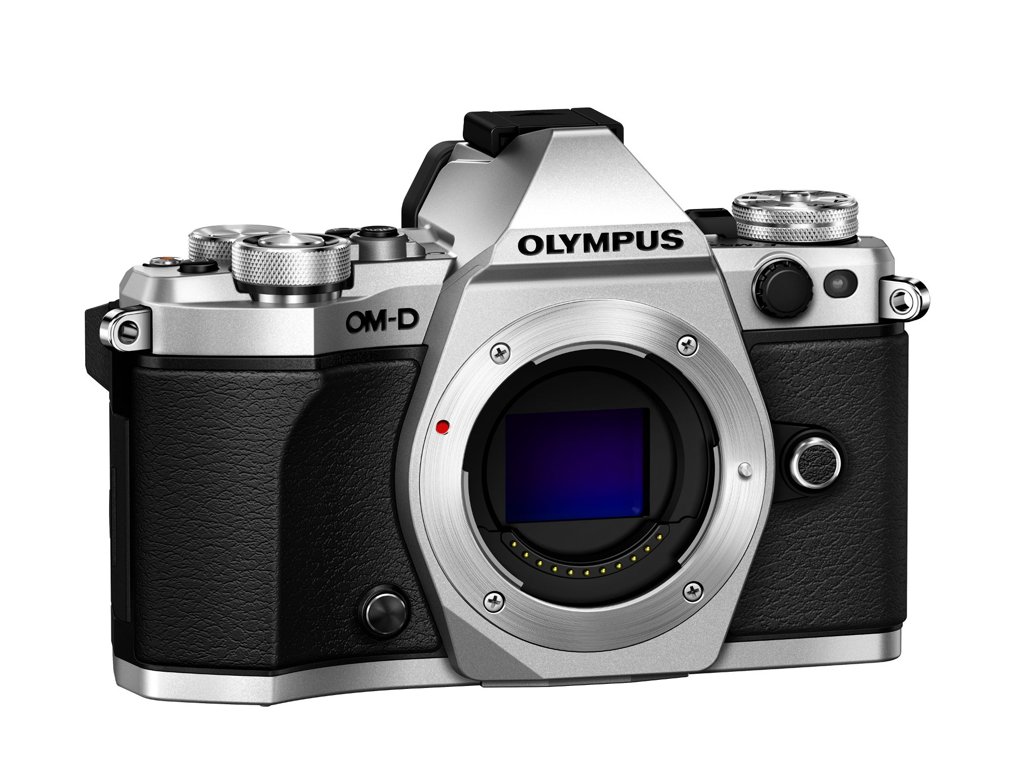 Silberne und schwarze Kamera. Es ist ein Olympus OM-D-Modell mit Objektiv und Bildschirm.