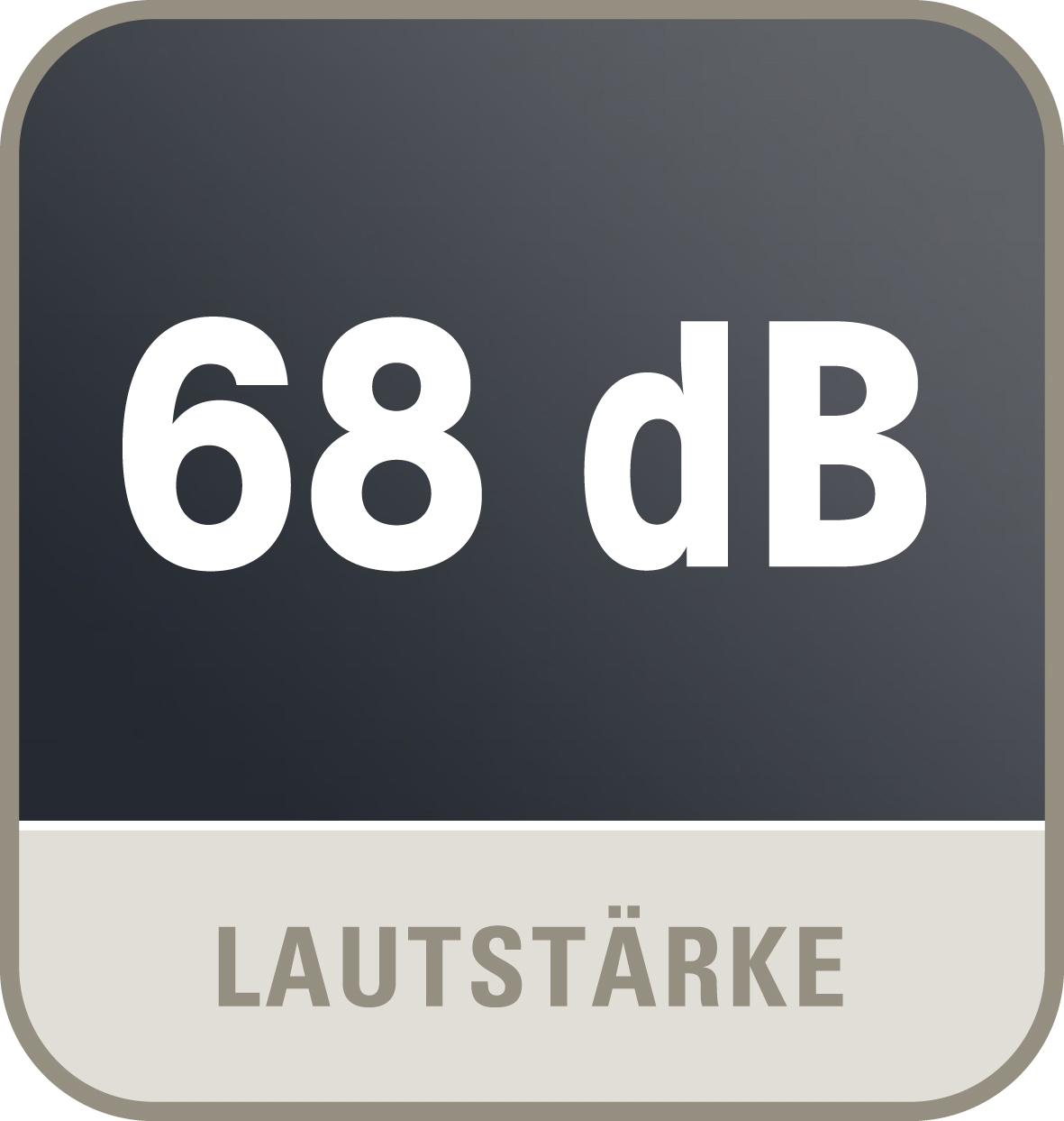 Die Zahl '68 dB' auf dunklem Hintergrund, mit dem Text 'LAUTSTÄRKE' darunter, in einem beigen Rechteck.