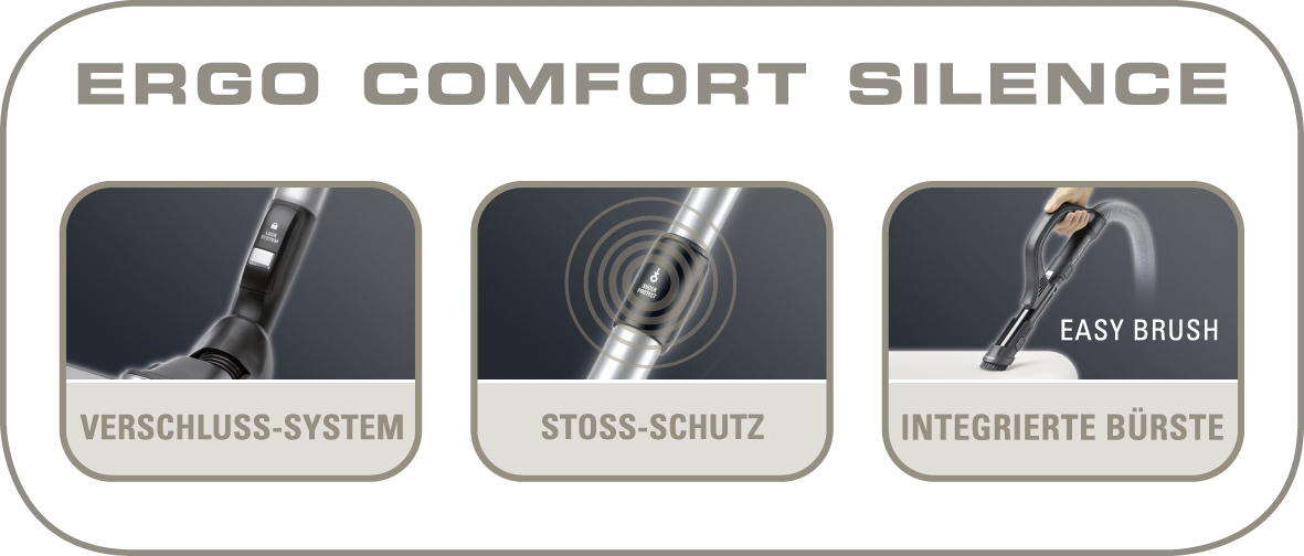 Diagramm mit drei Merkmalen: Verriegelungssystem, Stoßschutz und integrierte Bürste. Text: ERGO COMFORT SILENCE.