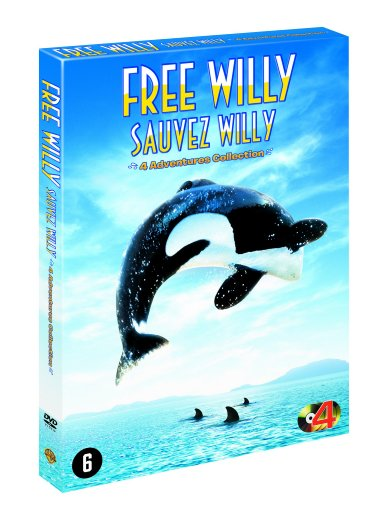 Jaquette DVD de Free Willy. Une baleine saute hors de l'eau. Le ciel est bleu.