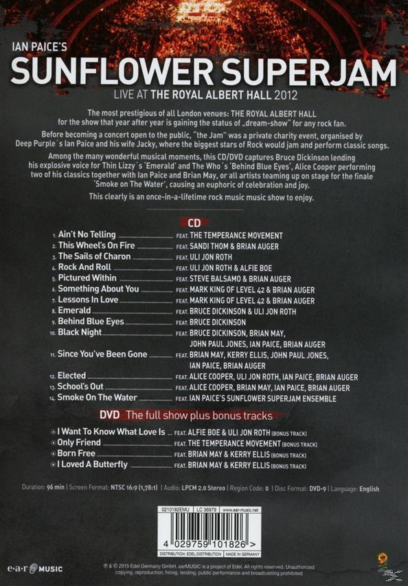 DVD-Cover mit Text auf Englisch. Titel: Sunflower Superjam Live in der Royal Albert Hall 2012.