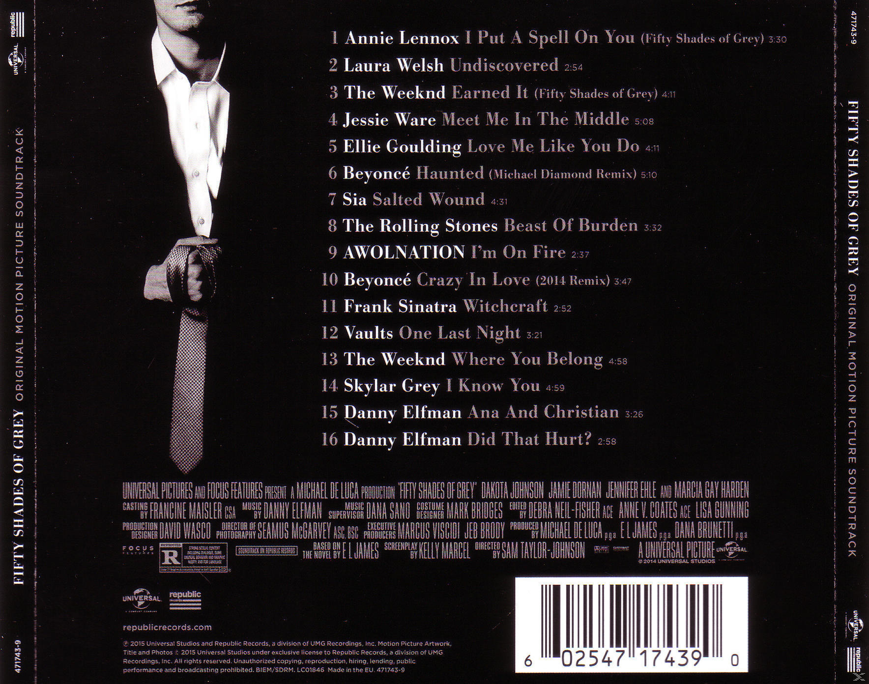 Albumcover: Fifty Shades of Grey, Rückseite mit einer Liste von Songs und Credits.