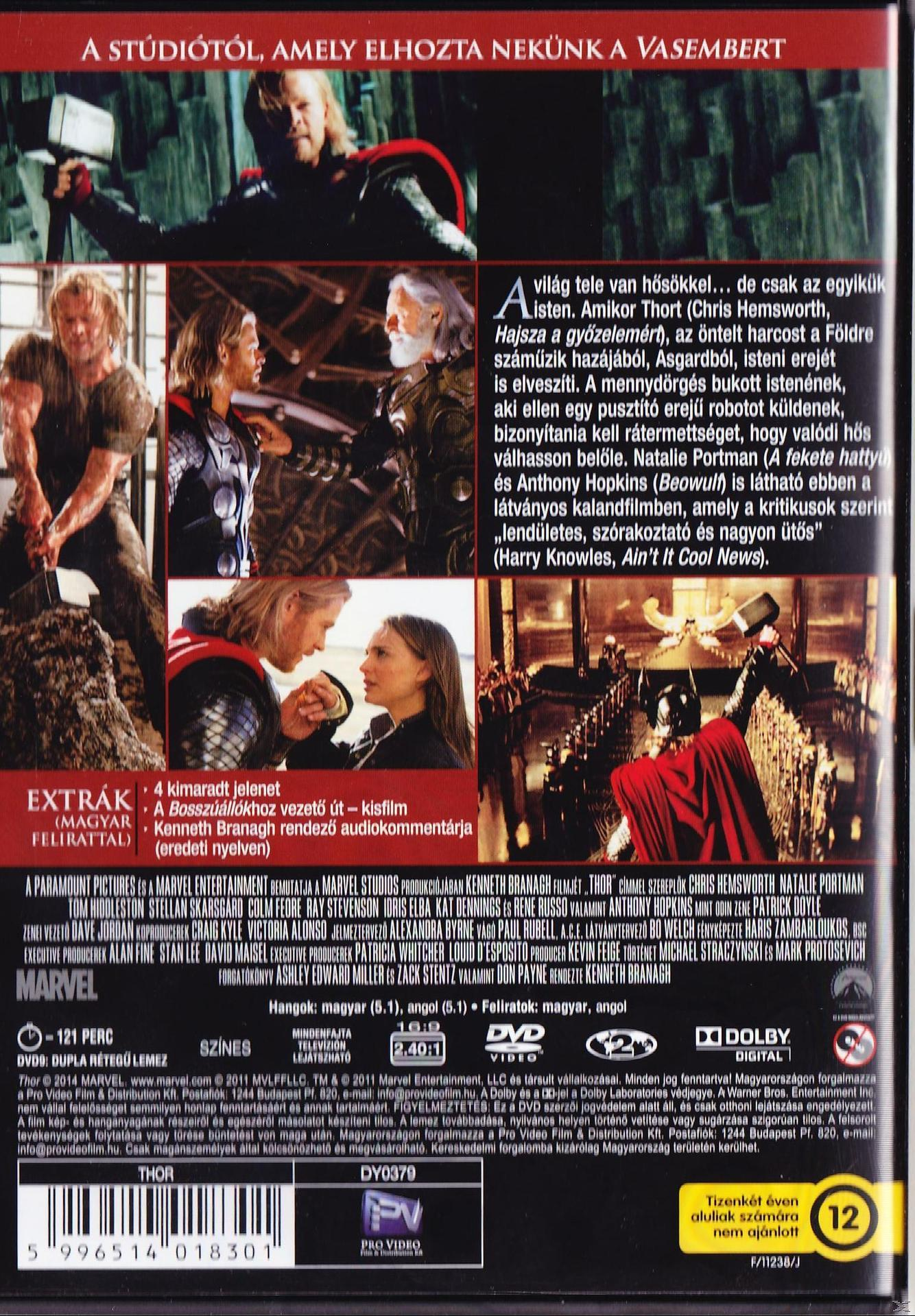 A Thor DVD borítója. A színészek között Chris Hemsworth is szerepel. A szöveg több nyelven van.