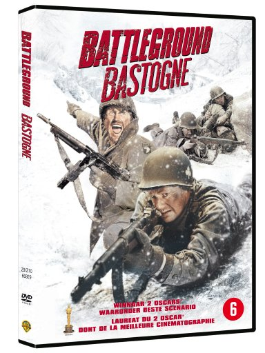 DVD-hoes voor de film 'Battleground Bastogne', met soldaten in de winter.
