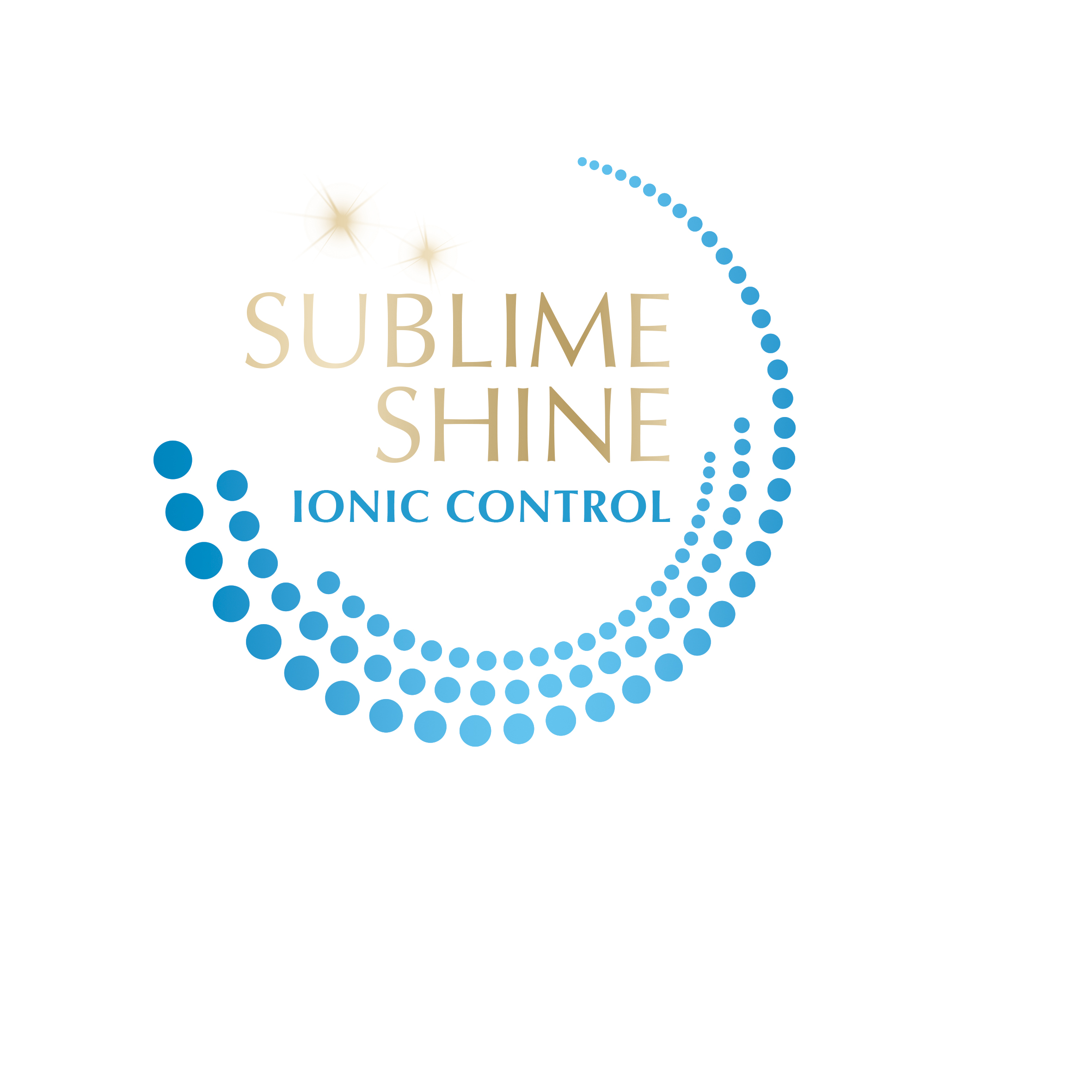 Logo mit Text 'SUBLIME SHINE IONIC CONTROL' und einer gebogenen, blau gepunkteten Linie.