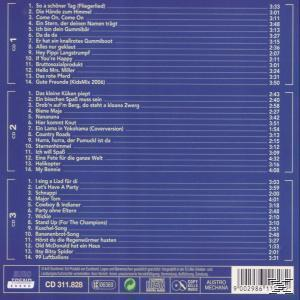 Rückseite einer CD-Hülle mit Titeln auf Deutsch. Blauer Hintergrund.