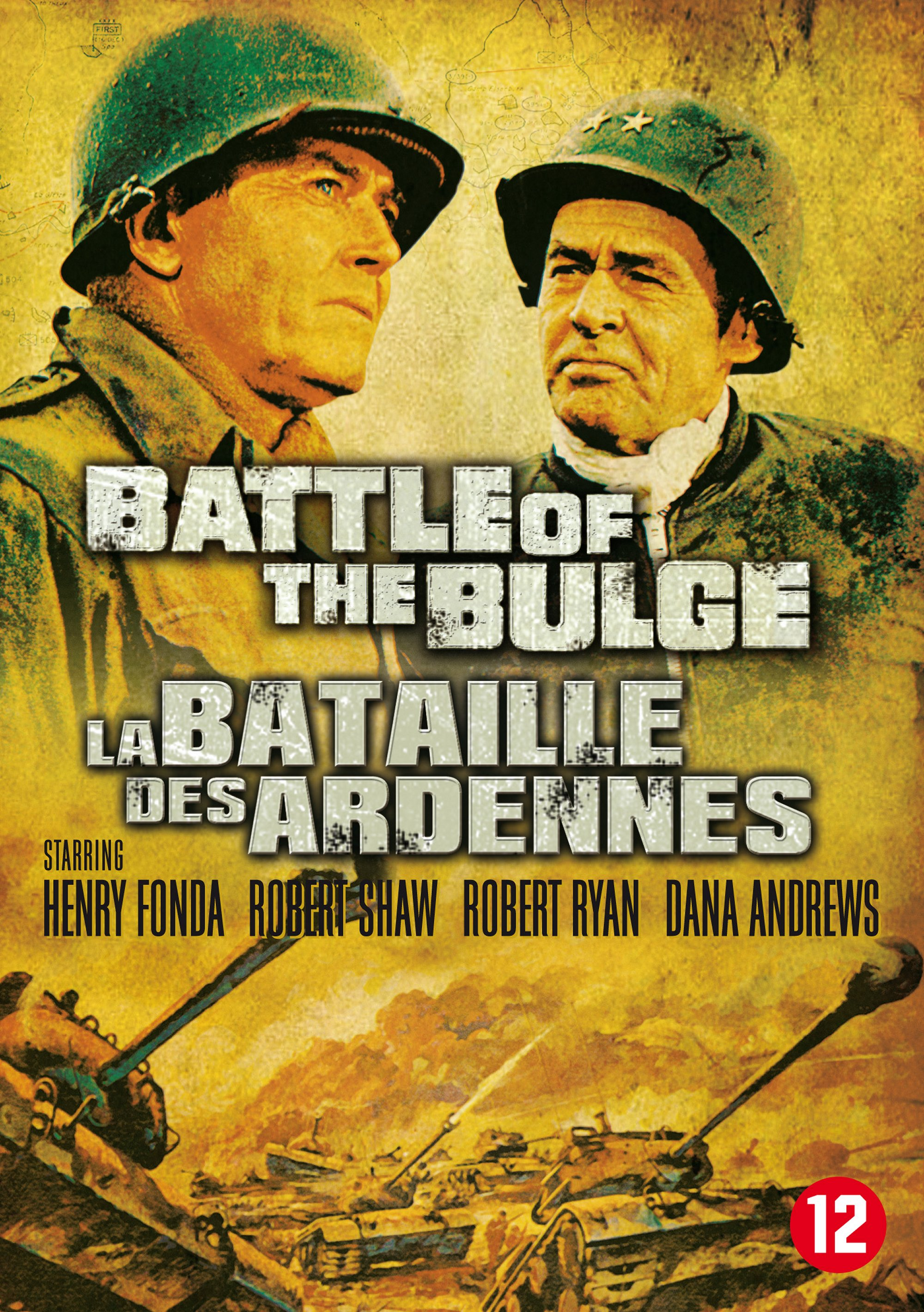 Pochette du DVD de 'Battle of the Bulge'. Avec deux hommes en casques, des chars et une scène de guerre.