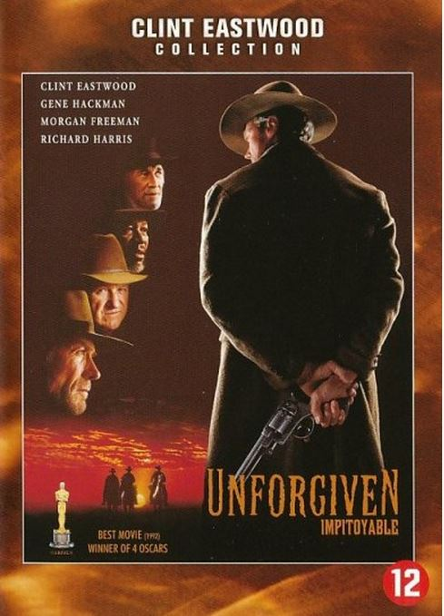 DVD-hoes: Clint Eastwood met pistool. Gezichten van andere acteurs. Titel: Onvergeeflijk.