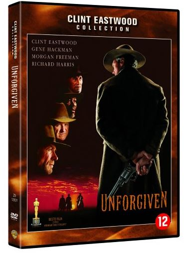 DVD-hoes van de film 'Unforgiven'. Toont acteurs en de titel van de film op een donkere achtergrond.