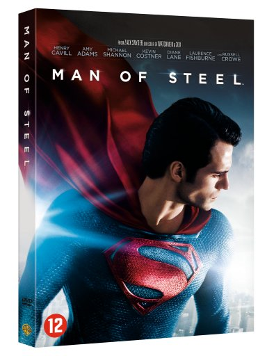 DVD-hoes voor 'Man of Steel'. Superman in blauw pak en rode cape. Cast en titel bovenaan.