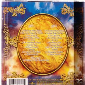 Albumcover mit goldenem Design auf farbenfrohem Hintergrund. Liste der Songs auf einem goldenen Oval, Text.