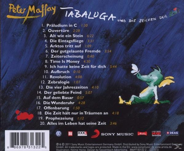 CD-Cover von Peter Maffays Tabaluga. Enthält Titelliste und eine Zeichentrickfigur eines Drachen auf Dunkelblau.