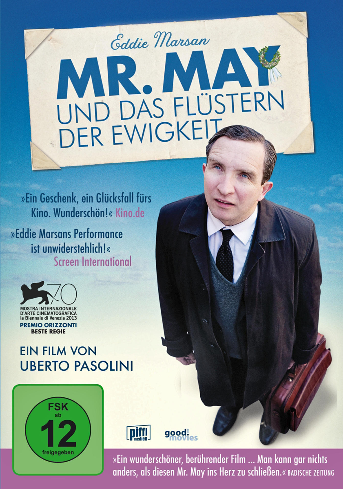 DVD-Cover mit einem Mann, der nach oben schaut, Titel 'Mr. May'. Blauer Himmel, Text und Logo.