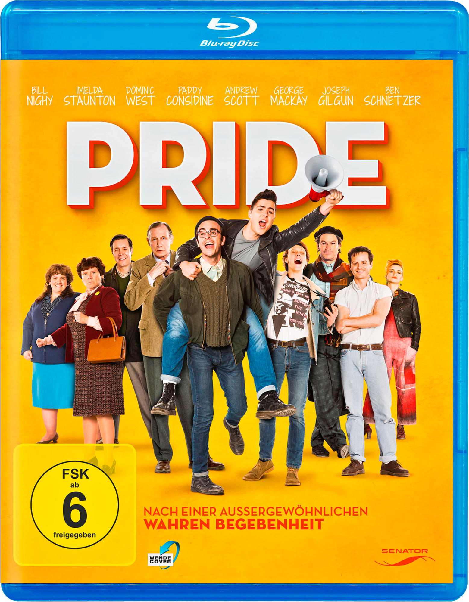 Filmcover: 'Pride' mit einer Gruppe von Leuten. Gelbes und blaues Farbschema.