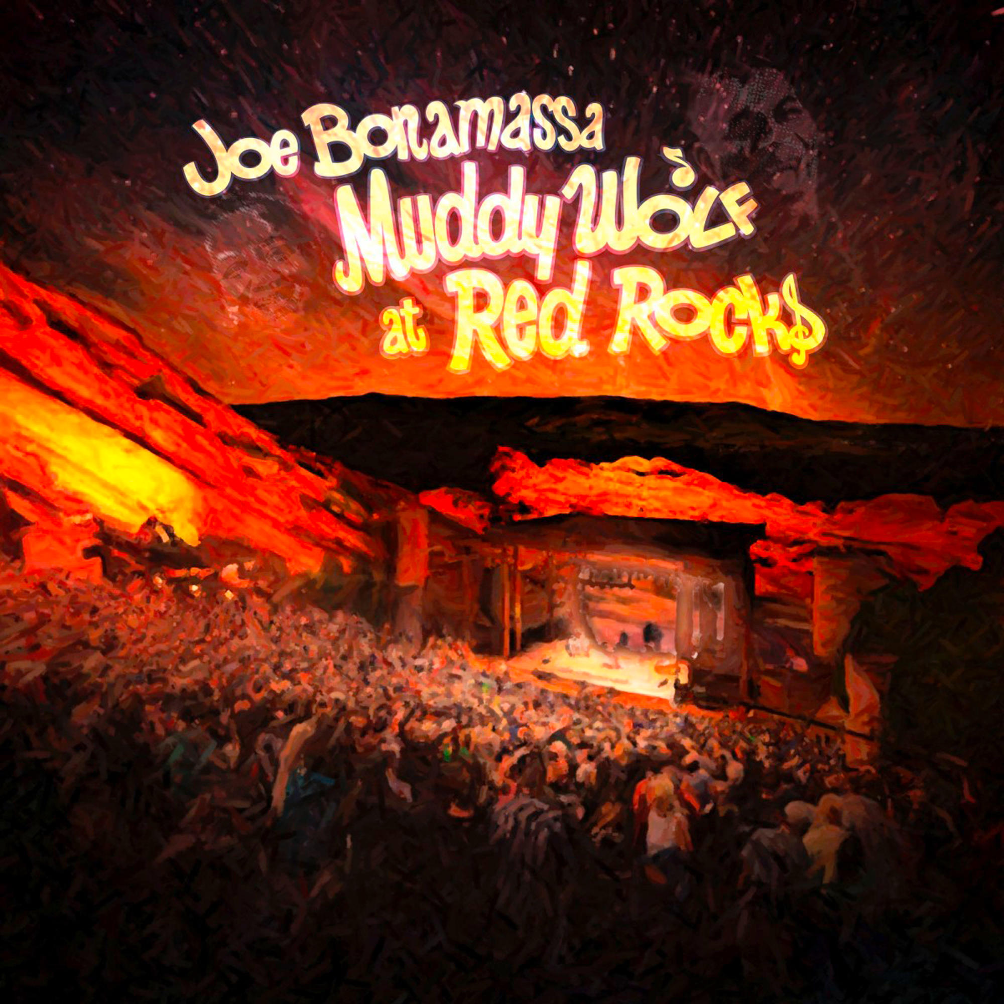 Albumcover-Artwork von Joe Bonamassa in Red Rocks. Eine Konzertszene mit großem Publikum wird gezeigt.