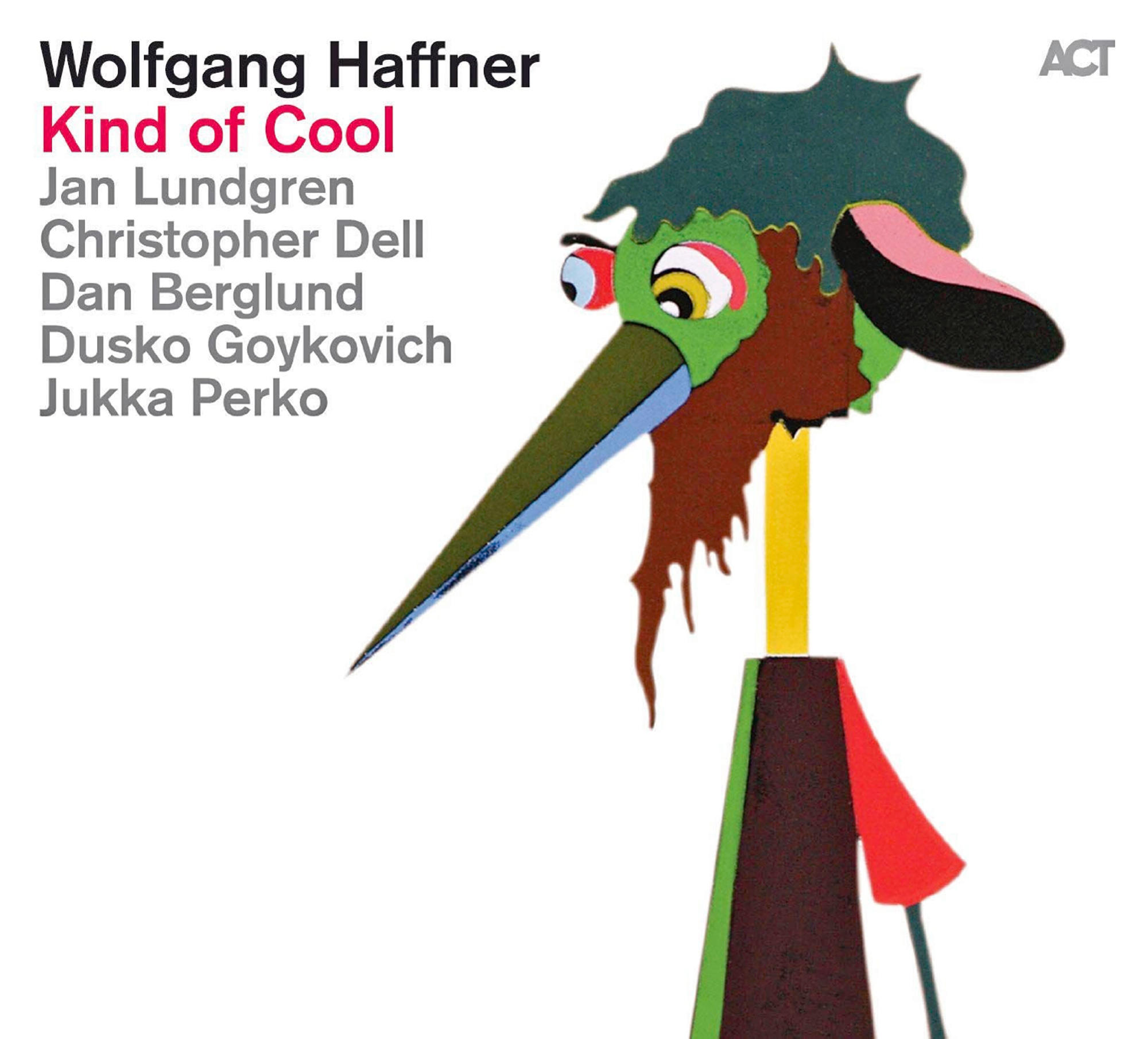 Kunstwerk einer cartoonartigen Figur. Es hat eine lange Nase, grüne Haare und bunte Kleidung. Weißer Hintergrund.