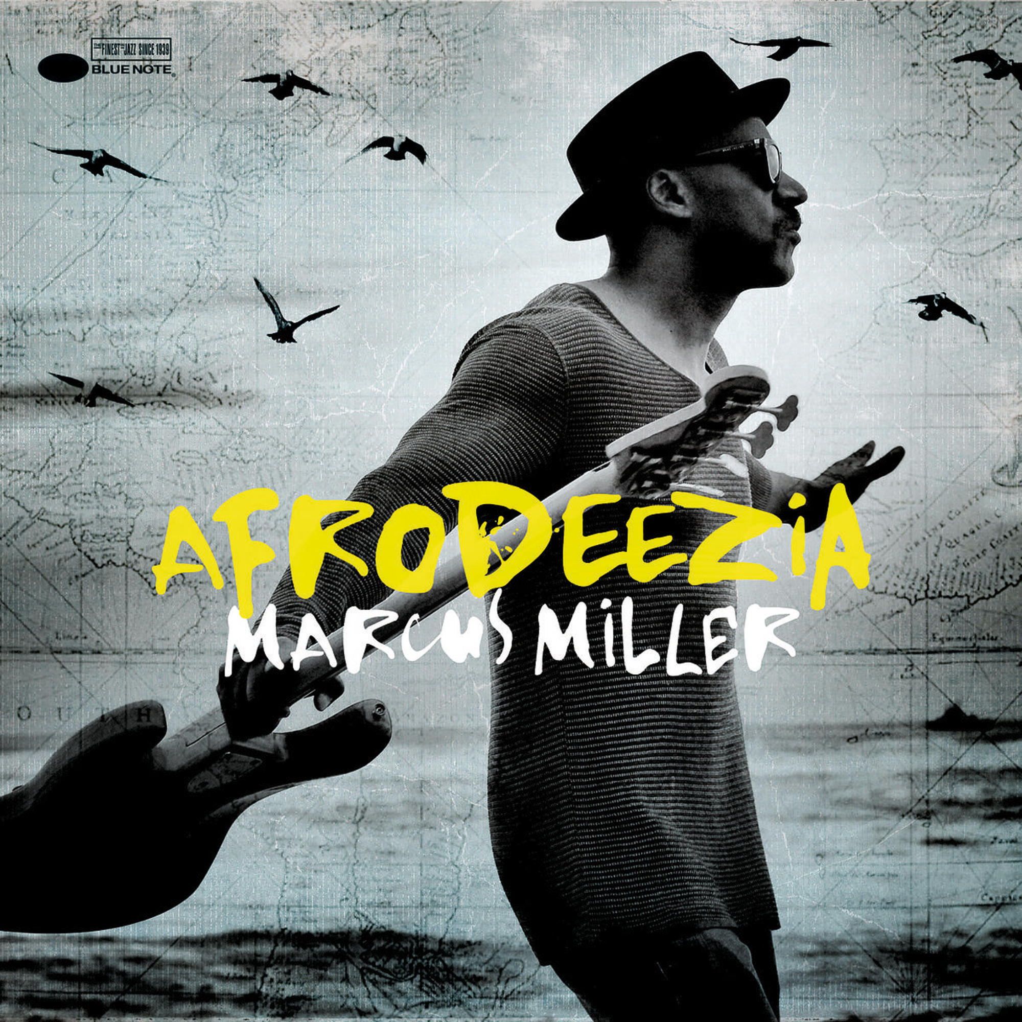 Albumcover mit Mann mit Gitarre und gelbem Schriftzug 'Afrodeezia'.