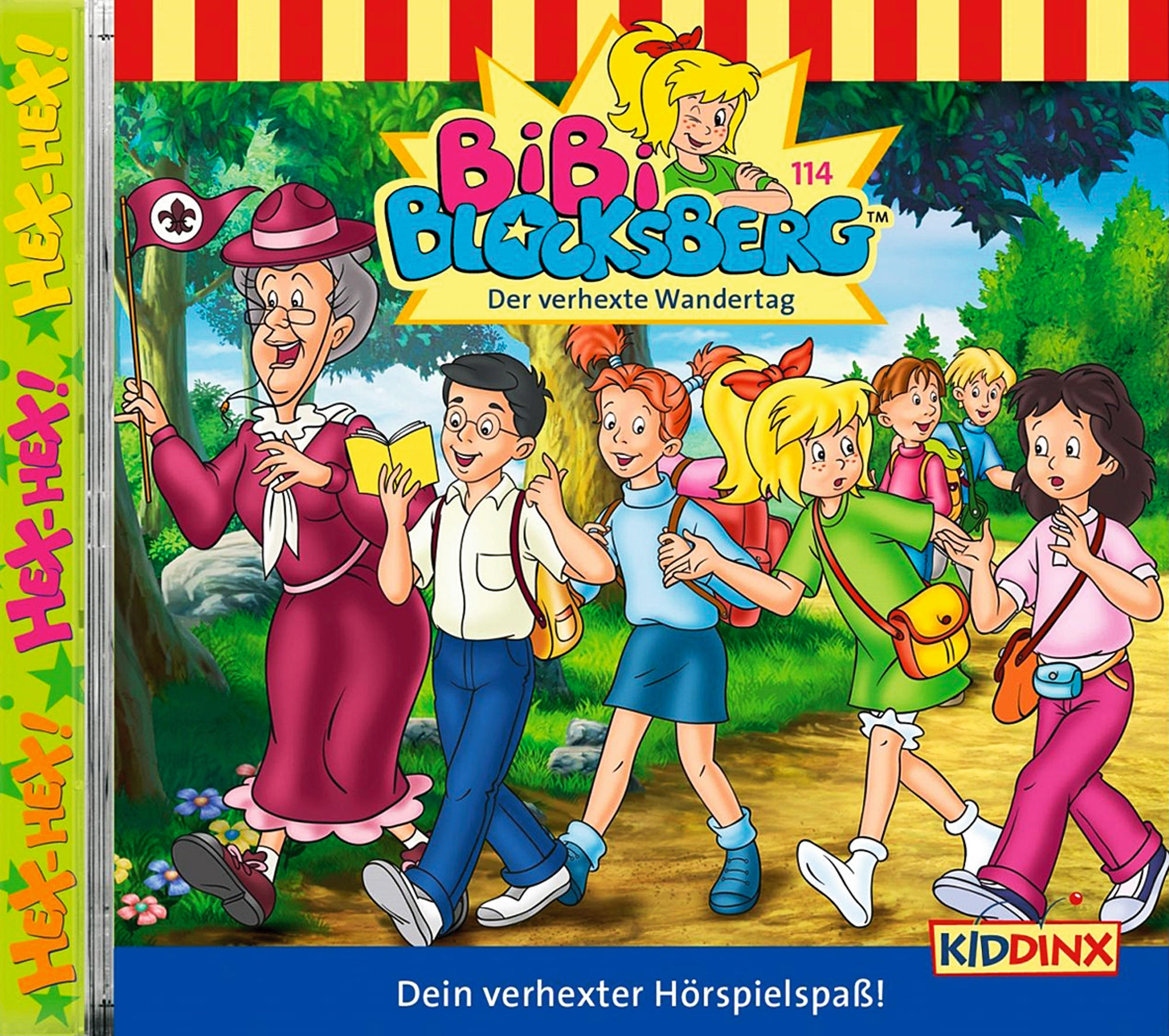 Albumcover für Bibi Blocksberg. Zeichentrickfiguren wandern im Wald. Text: Der verhexte Wandertag.