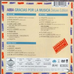 Rückseite einer CD-Hülle mit einer Titelliste von ABBA-Musik auf Spanisch. Ein roter Aufkleber sagt 'Express Udtelning Express'.