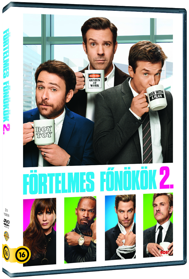 Horrible Bosses 2 DVD borító. 3 férfi és 3 nő, bögrét tartanak, mosolyognak. Zöld háttér.