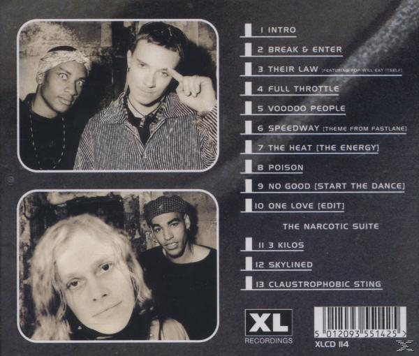 Achterkant van de albumhoes: Drie mannen, twee kijken in de camera. Tracklist en XL Recordings-logo zichtbaar.