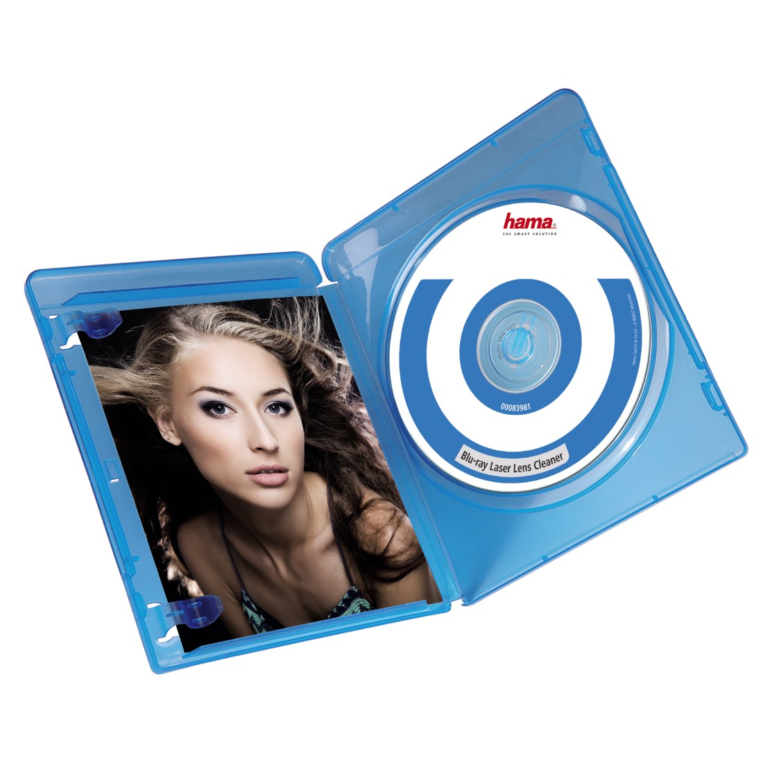 Geöffnete blaue Hülle mit Frauenbild und Disc mit der Aufschrift Blu-ray Laser Lens Cleaner.