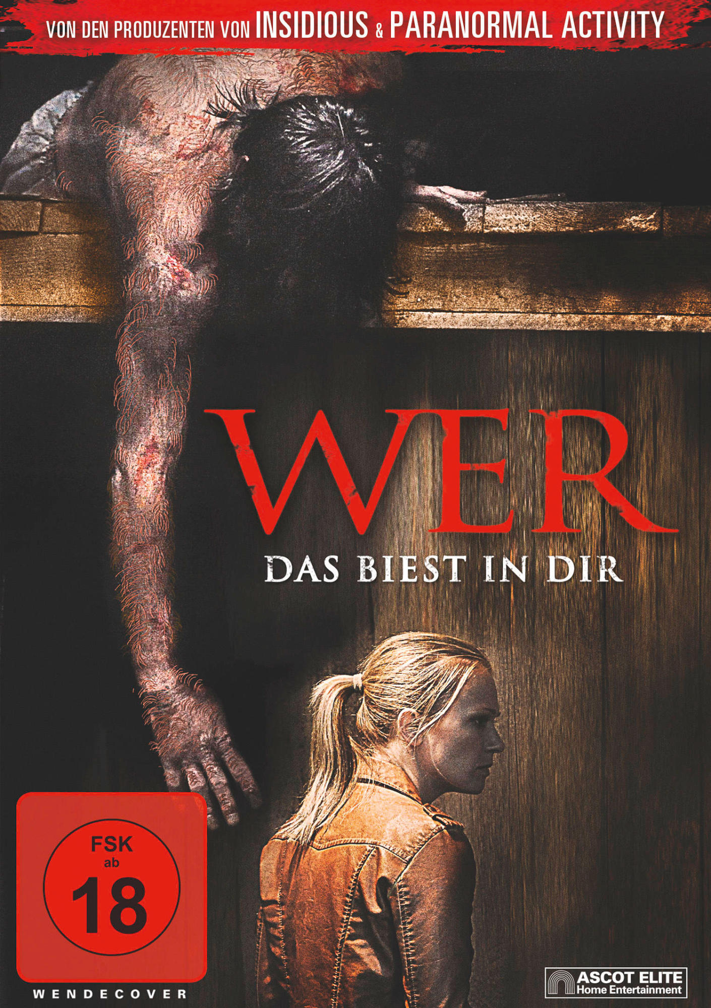 Filmcover. Ein Mann hängt, eine Frau blickt ängstlich nach oben. Roter Titeltext: WER.