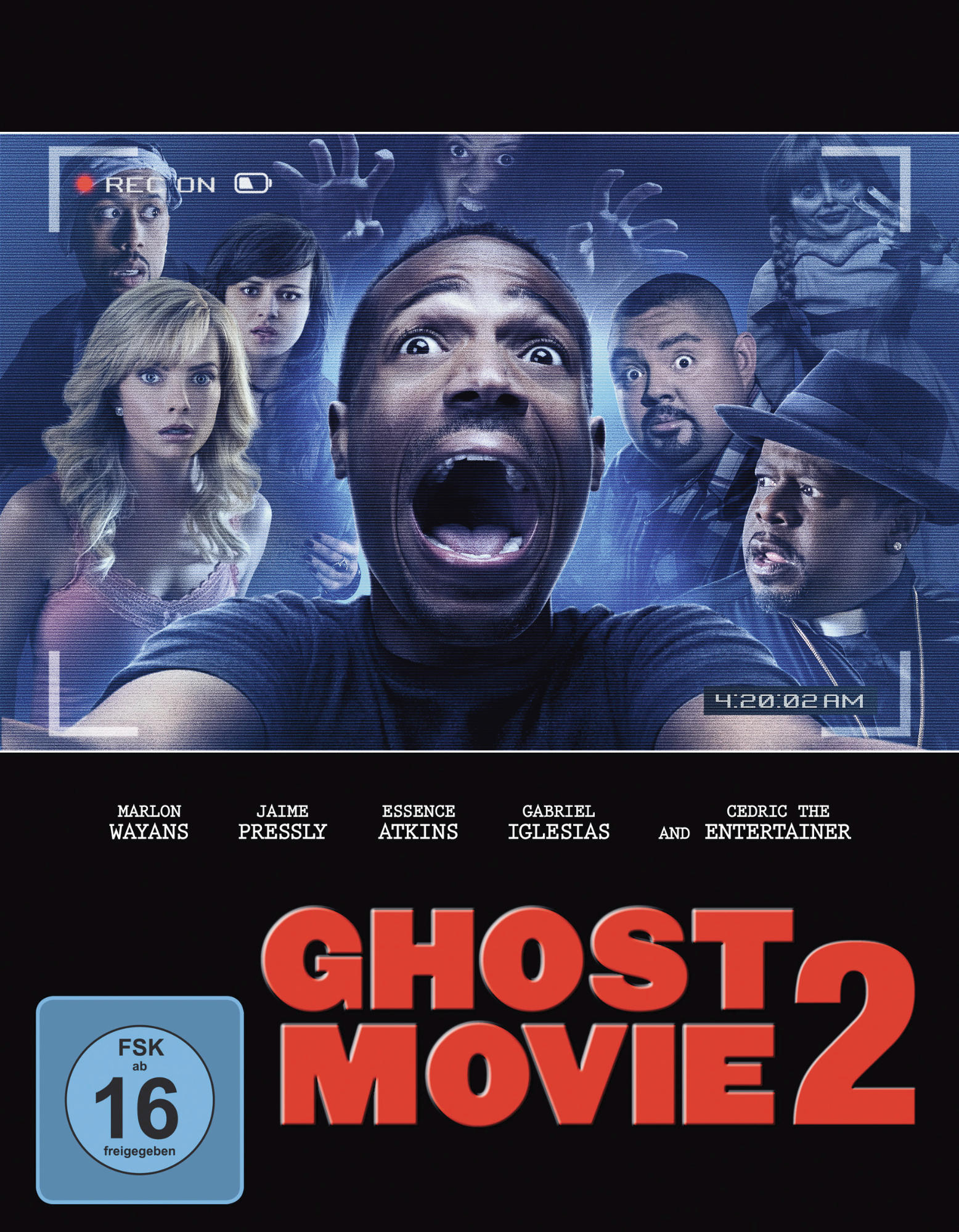 DVD-Cover, 'Ghost Movie 2', zeigt Schauspieler mit erschrockenen Gesichtsausdrücken, Kamera-Overlay und Bewertung.