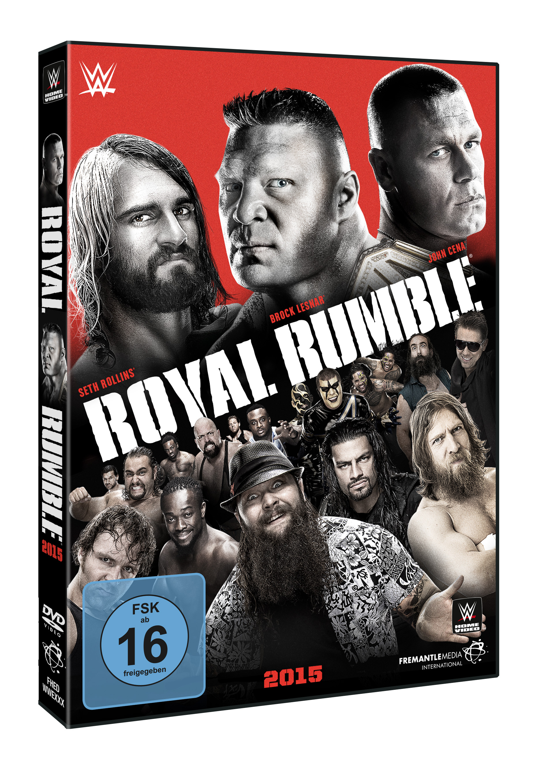 DVD-Cover von WWE Royal Rumble 2015. Mit Wrestlern Seth Rollins, Brock Lesnar, John Cena und vielen anderen.