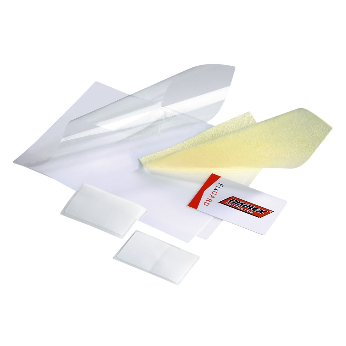 Feuilles de plastique transparentes, mousse jaune et une carte rouge et blanche sur fond blanc. Différentes formes.