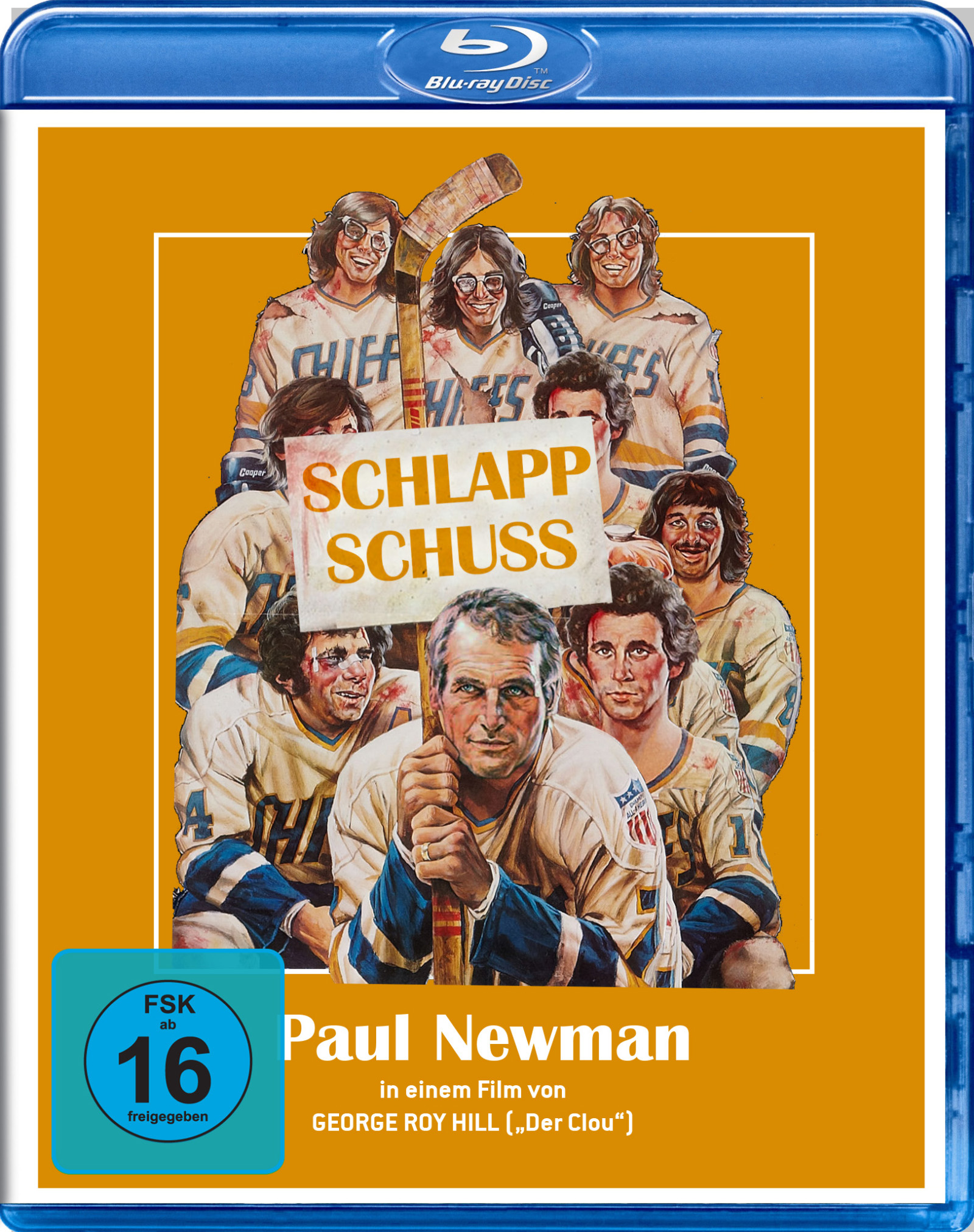 DVD-Cover von 'Slap Shot'. Eishockeyspieler in Trikots auf gelbem Hintergrund.