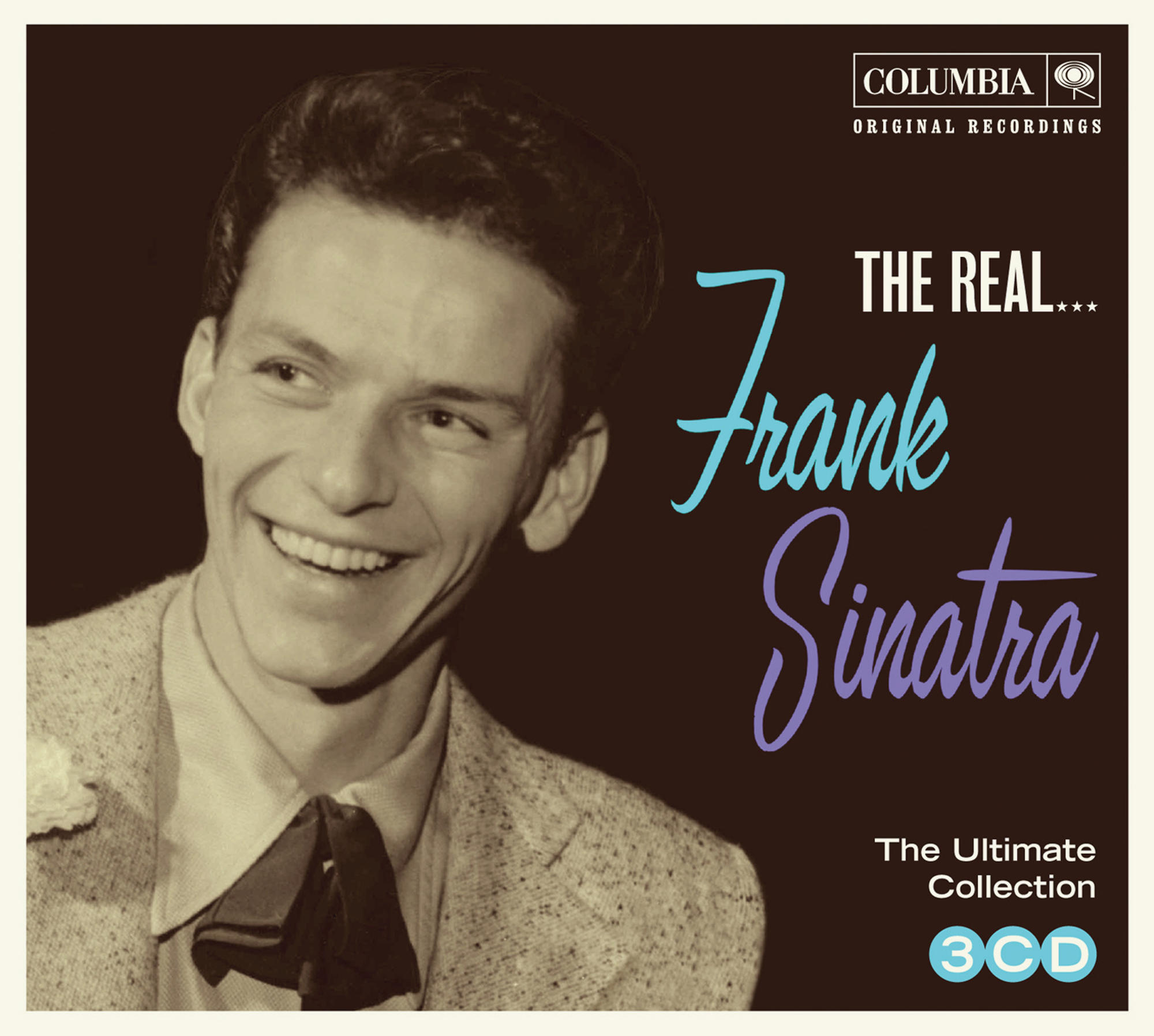 Albumhoes: Frank Sinatra lacht, met de tekst 'The Real Frank Sinatra'.